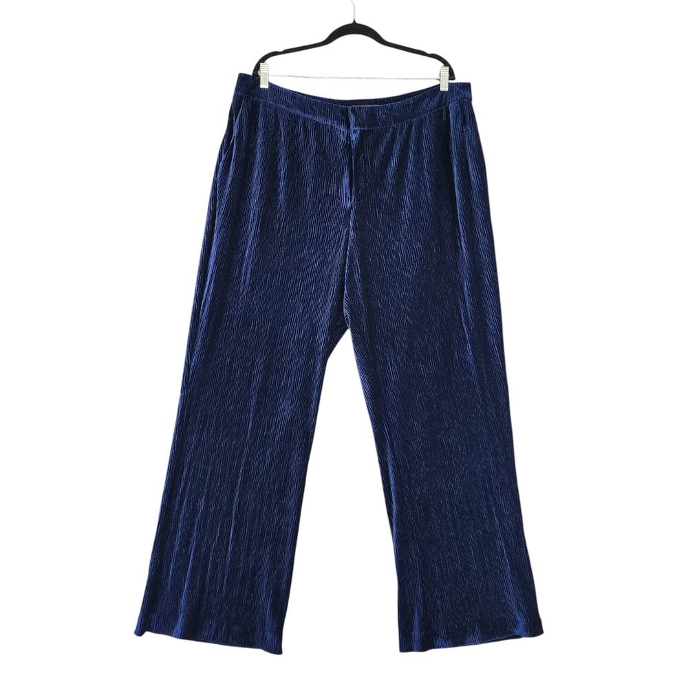 Eloquii Womens Velvet Crinkle Wide Leg Pants Plus Size 18 Blue High Rise Party